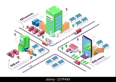 Concetto di online banking processo isometrico del flusso di lavoro infografico Web 3D. Mappa dell'infrastruttura con ufficio bancario, transazione atm, servizio di trasferimento mobile. Illustrazione vettoriale nella progettazione grafica isometrica Illustrazione Vettoriale