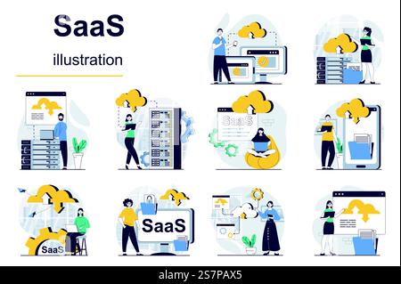 Concetto SaaS con mega set di situazioni dei personaggi. Pacchetto di scene che le persone utilizzano l'elaborazione o l'archiviazione cloud, accesso a database e programmi con abbonamento. Illustrazioni vettoriali nella progettazione di nastri piatti Illustrazione Vettoriale