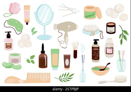 Articoli da bagno, elementi grafici di grandi dimensioni in un design piatto. Pacchetto di creme, specchio, bastoncini di cotone, cosmetici, maschera per il sonno, lozione, asciugacapelli, spazzola per massaggi, altro. Oggetti isolati nell'illustrazione vettoriale. Set vettoriale articoli da bagno Illustrazione Vettoriale