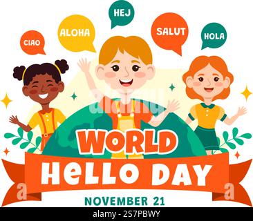 World Hello Day Vector Illustration il 21 novembre di fumetti parlanti con lingue diverse provenienti da tutto il Paese in Kids Cartoon background Illustrazione Vettoriale