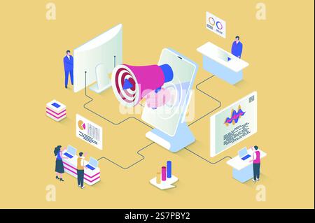 Concetto di marketing digitale nella progettazione isometrica 3D. Promozione e pubblicità online sui social network, targeting, attrarre pubblico. Illustrazione vettoriale con scene di persone isometriche per grafica Web Illustrazione Vettoriale