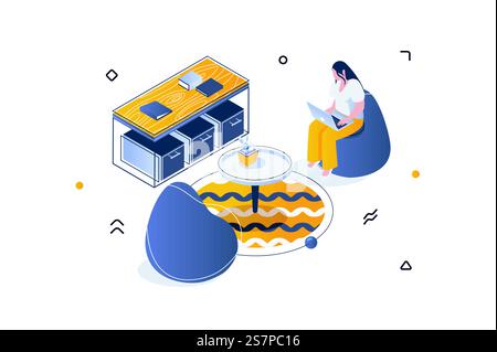 Concetto di interni per la casa in design isometrico 3D. La donna siede in una poltrona accanto a un armadio con cassetti. Arredi e decorazioni nel soggiorno. Illustrazione vettoriale con scene isometriche di persone per grafica web Illustrazione Vettoriale