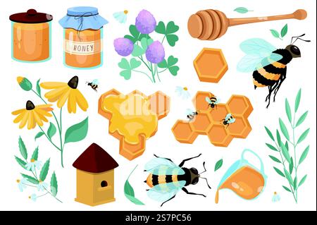 Elementi grafici Honey Set dal design piatto. Fascio di barattoli di miele, favo, ape volante, trifoglio, fiori in fiore diversi, cucchiaio di legno, altri utensili per apicoltura. Oggetti isolati nell'illustrazione vettoriale Illustrazione Vettoriale