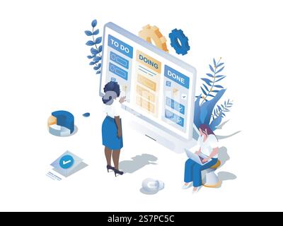 Concetto di sistema Kanban 3d isometrico scena web. Persone che utilizzano schede colorate con attività a bordo per visualizzare il flusso di lavoro e lavorare su progetti aziendali. Illustrazione vettoriale nella progettazione grafica isometrica Illustrazione Vettoriale