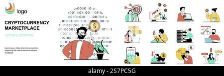 Concetto di mercato delle criptovalute con raccolta delle situazioni dei personaggi. Pacchetto di scene che analizzano le tendenze del mercato delle criptovalute, comprano e vendono bitcoin. Illustrazioni vettoriali nella progettazione di nastri piatti Illustrazione Vettoriale