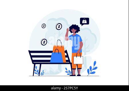 Concetto di shopping web con scena di personaggi. Donna che tiene in mano borse e compra acquisti a prezzi scontati con la vendita stagionale. Situazione delle persone in un design piatto. Illustrazione vettoriale per il materiale di marketing sui social media. Illustrazione Vettoriale