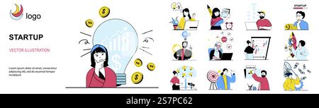 Concetto di avvio con la raccolta di situazioni di carattere. Un insieme di scene in cui le persone generano idee per la nuova attività, il brainstorming, l'analisi e la pianificazione di strategie. Illustrazioni vettoriali nella progettazione di nastri piatti Illustrazione Vettoriale