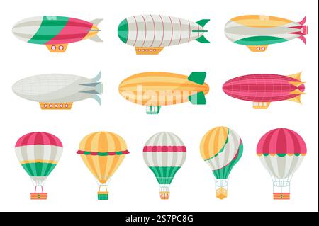 Mega set di elementi cartoon dirigibili dal design piatto. Pacchetto di diversi tipi e colori di palloni ad aria calda e dirigibili. Trasporto aereo d'epoca. Oggetti grafici isolati nell'illustrazione vettoriale Illustrazione Vettoriale