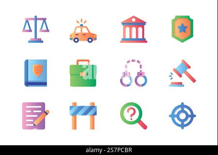 Icone di legge con design piatto a colori. Pacchetto di bilance, auto della polizia, palazzo del tribunale, scudo, libro, valigetta, manichetta, martelletto, ricerca, bersaglio e altro. Pittogrammi vettoriali per siti Web e app mobili Illustrazione Vettoriale