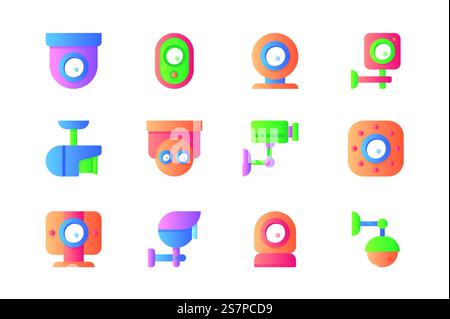Icone CCTV con design piatto a colori. Pacchetto di telecamere di sicurezza di sorveglianza, controllo, privacy, protezione privata, video, sistema di guardia della polizia e altro. Pittogrammi vettoriali per siti Web e app mobili Illustrazione Vettoriale