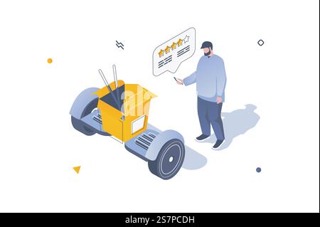 Concetto di distribuzione alimentare nella progettazione isometrica 3D. Uomo che effettua l'ordine con la scatola dei pasti da asporto e utilizza la spedizione espressa tramite corriere hoverboard. Illustrazione vettoriale con scene isometriche di persone per grafica web Illustrazione Vettoriale