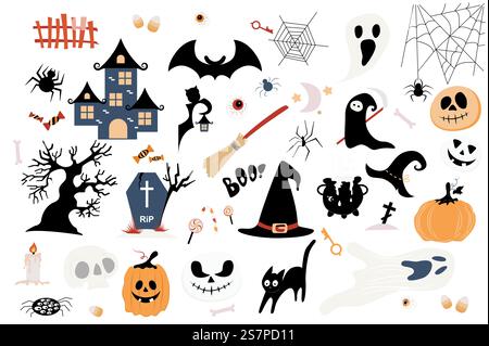 Set carino di Halloween con design a cartoni animati piatto. Pacchetto di vecchio castello, pipistrello, ragnatela, fantasma, caramelle, albero, lapide, scopa, berretto, chiave, zucca, gatto nero e altro. Elementi isolati dell'illustrazione vettoriale Illustrazione Vettoriale