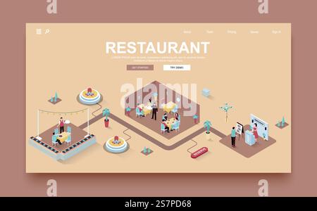 Modello di landing page isometrica 3d di Restaurant Concept. Le persone visitano il ristorante, prenotano i tavoli, il personale lavora alla reception, il cameriere porta gli ordini. Illustrazione vettoriale nella progettazione grafica isometrica. Illustrazione Vettoriale