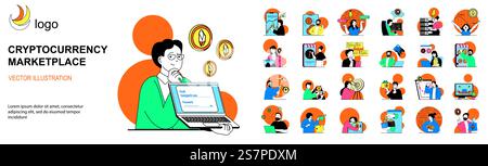 Concetto di mercato delle criptovalute con mega set di situazioni dei personaggi. Pacchetto di scene che persone acquistano bitcoin, trading online e investimenti in cripto-denaro. Illustrazioni vettoriali nella progettazione di nastri piatti Illustrazione Vettoriale