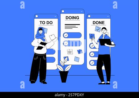 Kanban web concept con scena di personaggi in design piatto. Persone che utilizzano schede con attività a bordo per visualizzare il flusso di lavoro e lavorare sul progetto. Illustrazione vettoriale per il materiale di marketing sui social media. Illustrazione Vettoriale