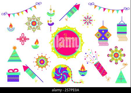 Diwali festival elementi isolati ambientati in un design piatto. Fascio di candele, ghirlande, fuochi d'artificio, lanterne festive, lampade a olio, cracker, mandalas, ornamenti indiani per le vacanze e altro ancora. Illustrazione vettoriale. Illustrazione Vettoriale