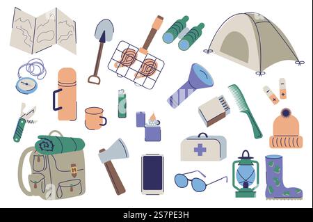 Elementi grafici da campeggio dal design piatto. Fascio di cartina, pala, carne alla griglia, binocoli, tenda, bussola, thermos, tazza, accendino, torcia, corrispondenze e altro. Oggetti isolati nell'illustrazione vettoriale Illustrazione Vettoriale