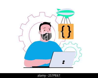 Concetto di software di programmazione con situazione dei caratteri. Uomo che lavora con il codice di programma sul laptop, corregge bug, test e ottimizzazione. Illustrazione vettoriale con scene di persone in design piatto per il Web Illustrazione Vettoriale