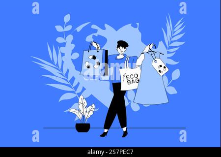 Concetto web di shopping sostenibile con scena di personaggi in design piatto. Persone che scelgono un negozio ecologico, acquistano vestiti con tessuti riciclabili. Illustrazione vettoriale per il materiale di marketing sui social media. Illustrazione Vettoriale