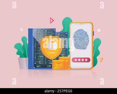 Illustrazione 3D del concetto di sicurezza informatica. Composizione delle icone con smartphone con scansione delle impronte digitali e schermata della password, Shield protegge i dati dall'hacking. Illustrazione vettoriale per il moderno web design Illustrazione Vettoriale