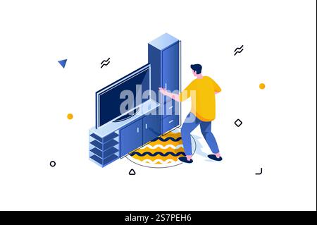 Concetto di interni per la casa in design isometrico 3D. Uomo stand-by tv con armadietto o libreria. Arredi e decorazioni nel soggiorno. Illustrazione vettoriale con scene isometriche di persone per grafica web Illustrazione Vettoriale