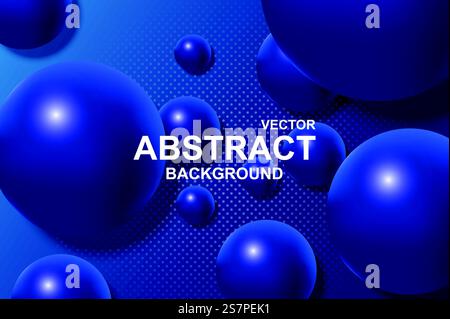 Sfondo realistico 3d astratto con sfere dinamiche. Palle blu cadenti con superficie lucida e brillante su sfondo scuro. Carta da parati minimale con struttura a bolle di plastica. Illustrazione vettoriale Illustrazione Vettoriale