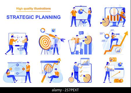 Pianificazione strategica del concetto Web con scene di persone disposte in stile piatto. Pacchetto di analisi dei dati, brainstorming, creazione di business plan, targeting, generazione di idee. Illustrazione vettoriale con design dei caratteri Illustrazione Vettoriale