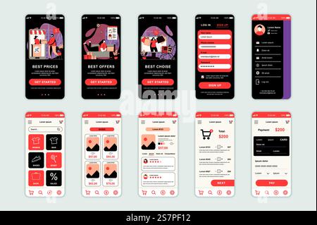 Schermate del concetto di acquisto impostate per il modello di app mobile. Le persone fanno acquisti ai prezzi migliori, scelgono i prodotti e pagano online. UI, UX, kit interfaccia utente GUI per i layout delle applicazioni smartphone. Progettazione vettoriale Illustrazione Vettoriale