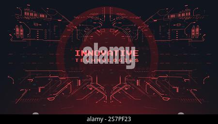 Sfondo interfaccia HUD. Illustrazione cyberpunk Sci-fi. Futuristico display VR rosso. Schermo head-up per giochi e app. Telaio high-tech. Realtà virtuale cyberspazio in stile HUD. Spazio tecnico astratto. Illustrazione Vettoriale