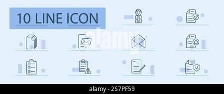 Icona del set di gestione documenti. File, badge, checklist, posta, certificazione, rischio, avvertimento, rapporto, scrittura, approvazione. Illustrazione Vettoriale