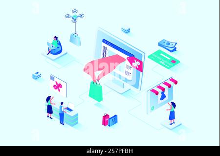 Sconto sui prodotti 3d isometrico web design. Le persone acquistano nuovi prodotti ai prezzi migliori e alle offerte stagionali nei negozi online, ordinando e pagando per acquisti intelligenti. Illustrazione Web vettoriale. Sconto sui prodotti 3d isometrico web design. Illustrazione Web vettoriale Illustrazione Vettoriale