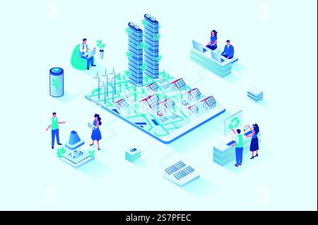 Progettazione Web isometrica 3d per città verdi. Le persone utilizzano fonti di energia alternative e infrastrutture ecocompatibili, pannelli solari e mulini a vento che lavorano vicino a case e grattacieli. Illustrazione Web vettoriale. Progettazione Web isometrica 3d per città verdi. Illustrazione Web vettoriale Illustrazione Vettoriale