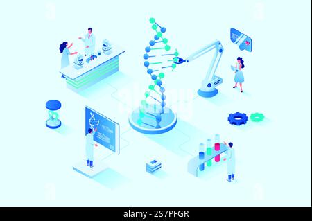 Progettazione Web isometrica 3d per laboratori medici. Persone gli scienziati esplorano la struttura molecolare del dna sulle moderne attrezzature di laboratorio, i ricercatori fanno test e esperimenti chimici. Illustrazione Web vettoriale. Progettazione Web isometrica 3d per laboratori medici. Illustrazione Web vettoriale Illustrazione Vettoriale