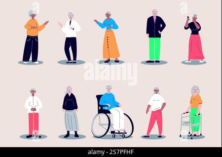 Persone anziane con design piatto. Donne in pensione e uomini in piedi e a piedi, nonno in sedia a rotelle, altro. Un gruppo di personaggi multirazziali. Illustrazione vettoriale persone isolate per il Web Illustrazione Vettoriale