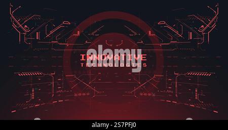 Futuristico display VR rosso. Spazio tecnico astratto. Sfondo interfaccia HUD. Illustrazione cyberpunk Sci-fi. Schermo head-up per giochi e app. Telaio high-tech. Realtà virtuale cyberspazio in stile HUD. Illustrazione Vettoriale