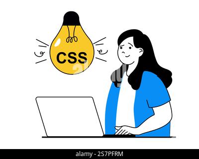 Concetto di sviluppo Web con situazione dei caratteri. Donna che lavora con codice di programmazione e impostazioni, brainstorming e crea interfaccia. Illustrazione vettoriale con scene di persone in design piatto per il Web Illustrazione Vettoriale