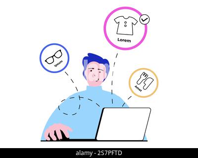 Concetto di shopping con situazione di carattere. Man sceglie le merci ed effettua acquisti nel negozio online, ordina la consegna e paga dal notebook. Illustrazione vettoriale con scene di persone in design piatto per il Web Illustrazione Vettoriale