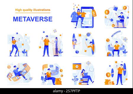 Metaverse web concept con scene di persone ambientate in stile piatto. Pacchetto di realtà virtuale aumentata per shopping online, gaming, comunicazione, scienza, studio. Illustrazione vettoriale con design dei caratteri Illustrazione Vettoriale