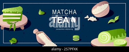 Banner Web orizzontale Matcha Tea. Torta verde, polvere in paletta e ciotola, panini, foglie di bevanda salutare tradizionale giapponese. Illustrazione vettoriale per il sito Web di intestazione, modelli di copertina in design moderno Illustrazione Vettoriale