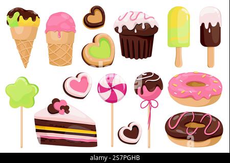 Dolci e dessert creano elementi grafici dal design piatto. Pacchetto di diversi tipi di gelati, cupcake, lecca-lecca, biscotti, ciambelle, torta e altri dolciumi. Oggetti isolati nell'illustrazione vettoriale Illustrazione Vettoriale