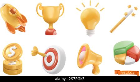 set di icone del vettore realistico 3d. Razzo, tazza, lampadina, bacchetta magica, monete, bersaglio, megafono, diagramma. Oggetti aziendali Illustrazione Vettoriale