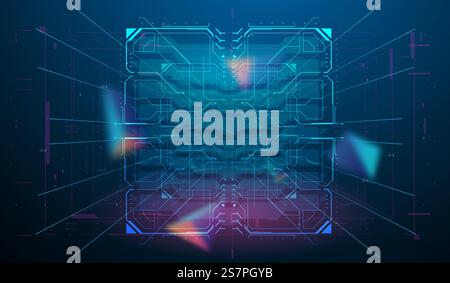 Layout astratto design digitale interfaccia utente cornici quadrate in stile neon. Telai futuristici HUD. Progettazione di modelli per la tecnologia sci fi. Sfondo dello spazio virtuale. Concetto di HUD neon. Illustrazione Vettoriale