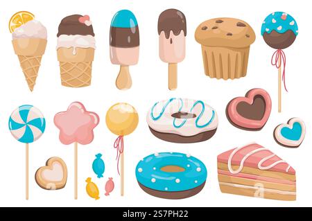 Dolci e dessert creano elementi grafici dal design piatto. Pacchetto di gelati, cupcake, lecca-lecca, biscotti, ciambelle, fetta di torta, canditi e altri dolciumi. Oggetti isolati nell'illustrazione vettoriale Illustrazione Vettoriale