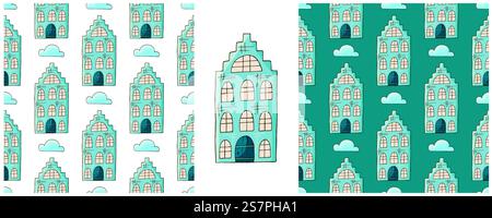 Case blu. Crea pattern di città senza interruzioni. Modello disegnato a mano, creato per tessuti, tessuti, involucri, ecc. Illustrazione Vettoriale
