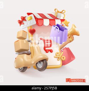 Sconti sugli acquisti online. rendering degli oggetti vettoriali 3d. Illustrazione Vettoriale