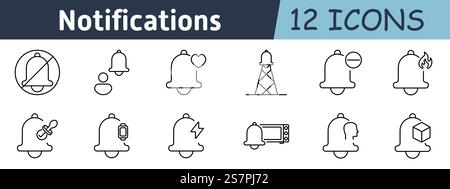 Icona notifiche impostate. Avvisi silenziati, campana attiva, cuore, fuoco, promemoria microonde, notifiche di persone, smartwatch, segnali di emergenza, imballaggio Illustrazione Vettoriale