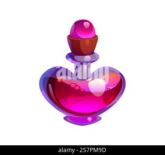 Pozione d'amore di San Valentino, profumo o elisir magico. Flacone, fiala o matraccio in vetro a forma di cartoni animati vettoriali con miscela rosa, bolle e cristalli Illustrazione Vettoriale