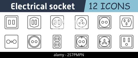 Icona set presa elettrica. Prese di corrente, tipi di spina, adattatori universali, prese a muro, collegamento per l'energia, standard di sicurezza, alimentatore, residentia Illustrazione Vettoriale