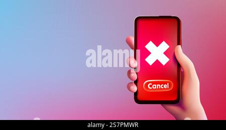 Per confermare l'annullamento nel telefono, la mano tiene il dispositivo. Illustrazione vettoriale. Per confermare l'annullamento nel telefono, la mano tiene il dispositivo. Vettore Illustrazione Vettoriale