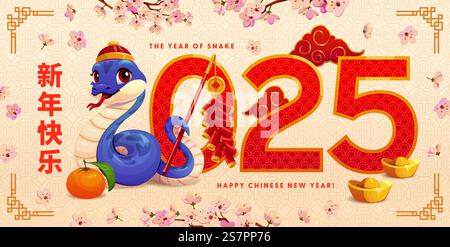 Cartoni animati del Capodanno cinese con carino serpente e fuochi d'artificio, striscione vettoriale. 2025 felice saluto lunare cinese Capodanno in geroglifici testo wi Illustrazione Vettoriale